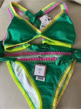 Pilyq Green Bikini with Neon Yellow and Hot Pink Trim